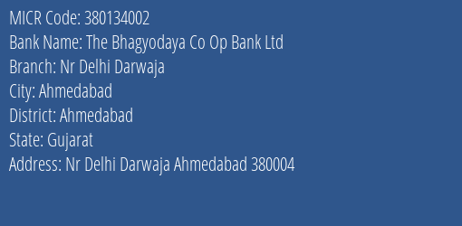The Bhagyodaya Co Op Bank Ltd Nr Delhi Darwaja MICR Code