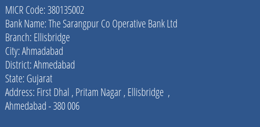 The Sarangpur Co Operative Bank Ltd Ellisbridge MICR Code