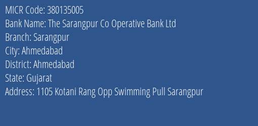 The Sarangpur Co Operative Bank Ltd Sarangpur MICR Code