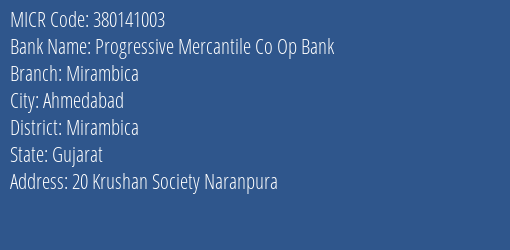 Progressive Mercantile Co Op Bank Mirambica MICR Code