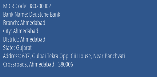 Deustche Bank Ahmedabad MICR Code