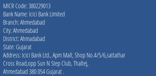 Icici Bank Limited Ahmedabad MICR Code