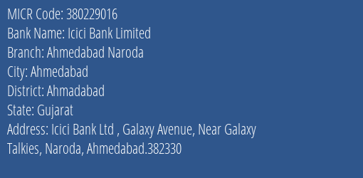 Icici Bank Limited Ahmedabad Naroda MICR Code
