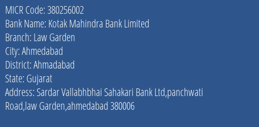 Sardar Vallabhbhai Sahakari Bankltd Law Garden MICR Code