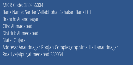 Sardar Vallabhbhai Sahakari Bank Ltd Anand Nagar MICR Code