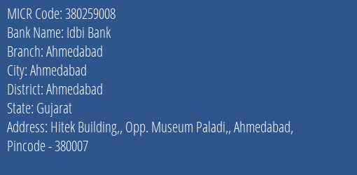 Idbi Bank Ahmedabad MICR Code