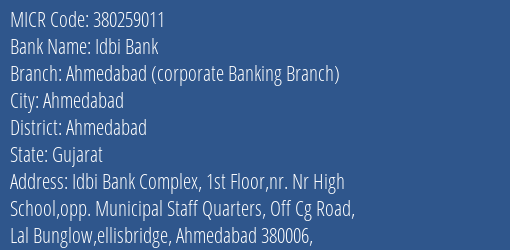 Idbi Bank Ahmedabad Corporate Banking Branch MICR Code