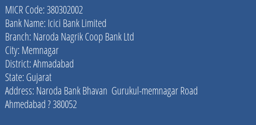 Naroda Nagrik Coop Bank Ltd Naroda Bank Bhavan MICR Code