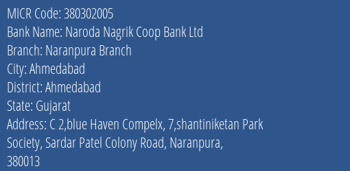 Naroda Nagrik Coop Bank Ltd Naranpura Branch MICR Code