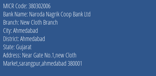 Naroda Nagrik Coop Bank Ltd New Cloth Branch MICR Code