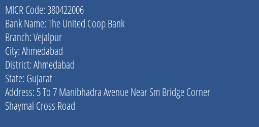 The United Coop Bank Vejalpur MICR Code