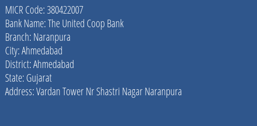 The United Coop Bank Naranpura MICR Code