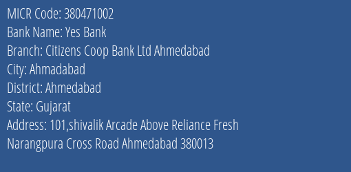 Citizens Coop Bank Ltd Ahmedabad MICR Code