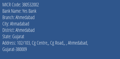 Yes Bank Ahmedabad MICR Code