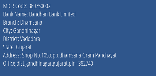 Bandhan Bank Limited Dhamsana MICR Code