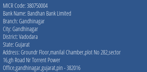 Bandhan Bank Limited Gandhinagar MICR Code