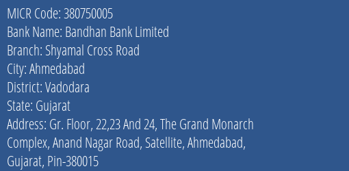 Bandhan Bank Limited Shyamal Cross Road MICR Code