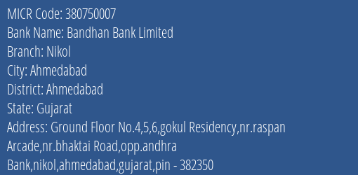 Bandhan Bank Limited Nikol MICR Code