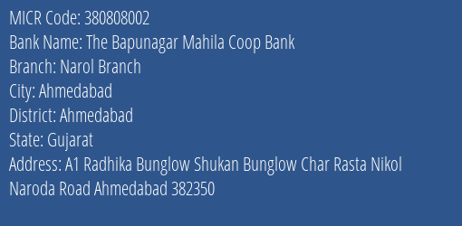 The Bapunagar Mahila Coop Bank Narol Branch MICR Code