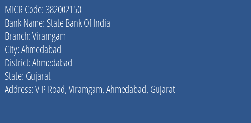 State Bank Of India Viramgam MICR Code