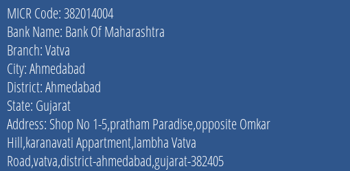 Bank Of Maharashtra Vatva MICR Code