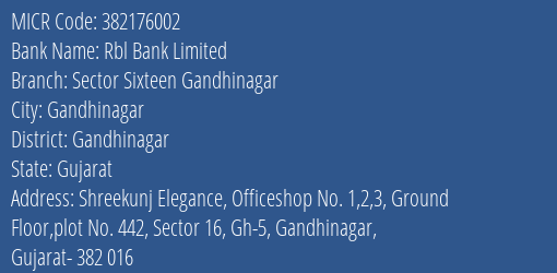 Rbl Bank Limited Sector Sixteen Gandhinagar MICR Code