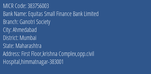 Equitas Small Finance Bank Limited Ganotri Society MICR Code