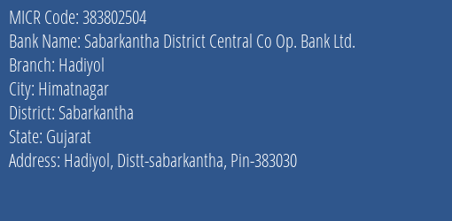 Sabarkantha District Central Co Op. Bank Ltd. Hadiyol MICR Code