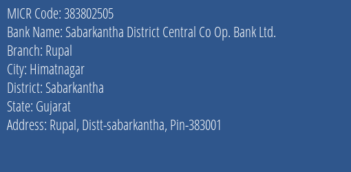 Sabarkantha District Central Co Op. Bank Ltd. Rupal MICR Code