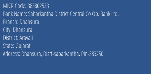 Sabarkantha District Central Co Op. Bank Ltd. Dhansura MICR Code