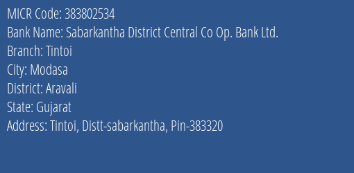 Sabarkantha District Central Co Op. Bank Ltd. Tintoi MICR Code
