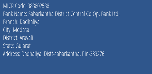 Sabarkantha District Central Co Op. Bank Ltd. Dadhaliya MICR Code