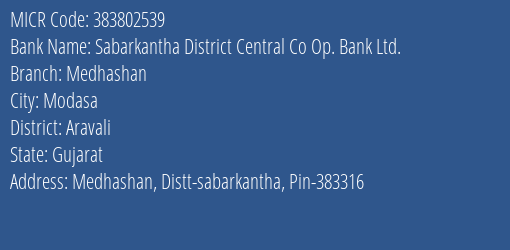 Sabarkantha District Central Co Op. Bank Ltd. Medhashan MICR Code