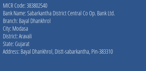 Sabarkantha District Central Co Op. Bank Ltd. Bayal Dhankhrol MICR Code