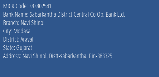 Sabarkantha District Central Co Op. Bank Ltd. Navi Shinol MICR Code