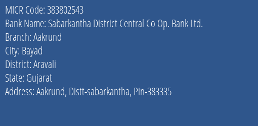 Sabarkantha District Central Co Op. Bank Ltd. Aakrund MICR Code