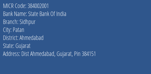 State Bank Of India Sidhpur MICR Code