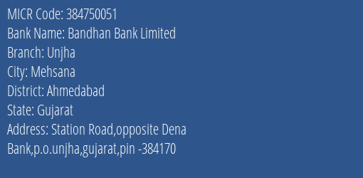 Bandhan Bank Limited Unjha MICR Code