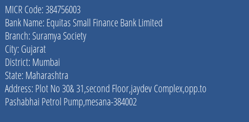 Equitas Small Finance Bank Limited Suramya Society MICR Code