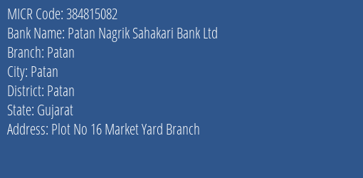 Patan Nagrik Sahakari Bank Ltd Patan MICR Code