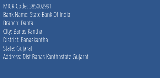 State Bank Of India Danta MICR Code