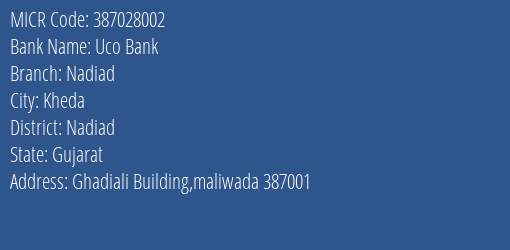 Uco Bank Nadiad MICR Code