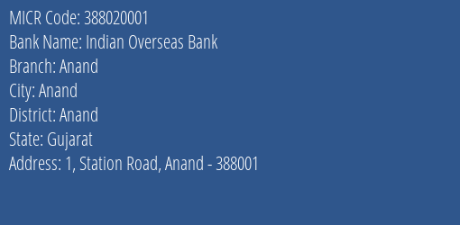 Indian Overseas Bank Anand Branch Address Details and MICR Code 388020001