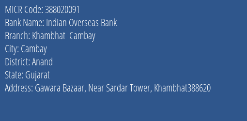 Indian Overseas Bank Khambhat Cambay Branch Address Details and MICR Code 388020091