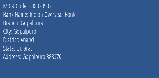 Indian Overseas Bank Gopalpura Branch Address Details and MICR Code 388020502