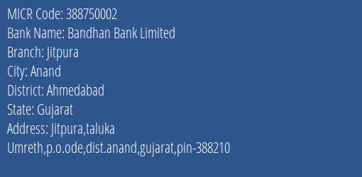 Bandhan Bank Limited Jitpura MICR Code
