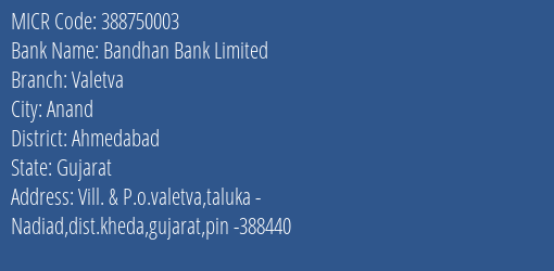 Bandhan Bank Limited Valetva MICR Code