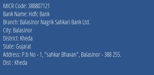 Balasinor Nagrik Sahkari Bank Ltd Balasinor MICR Code