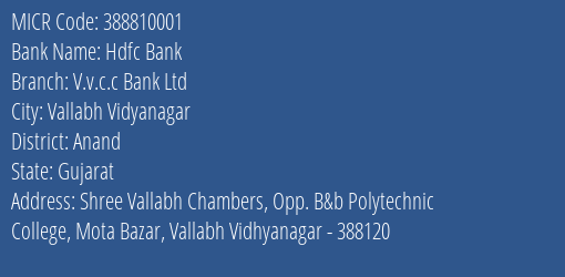 V V C C Bank Ltd Vidhyanagar MICR Code