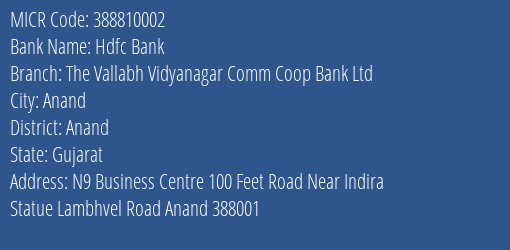 The Vallabh Vidyanagar Comm Coop Bank Ltd Anand MICR Code